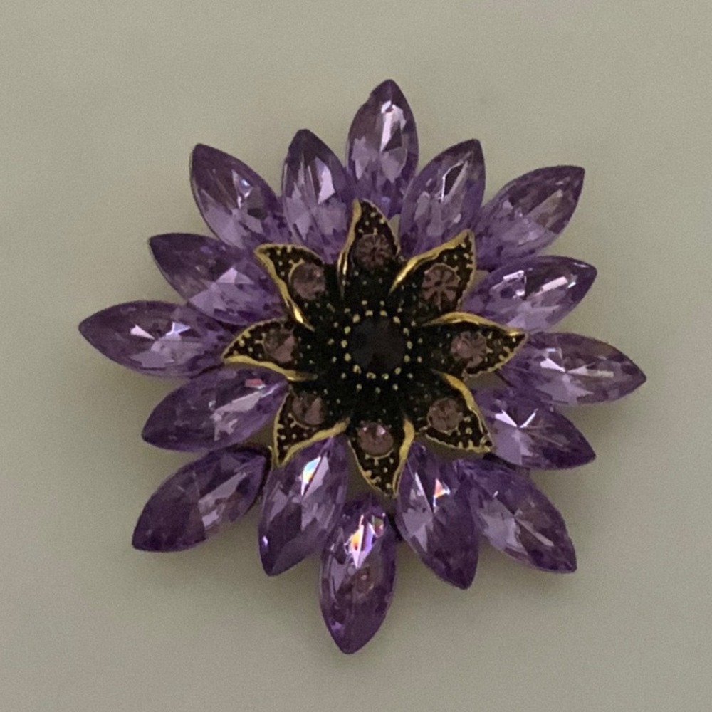 Vintage Style Purple Rhinestone Flower Brooch Multi Tier Starburst Floral Pin